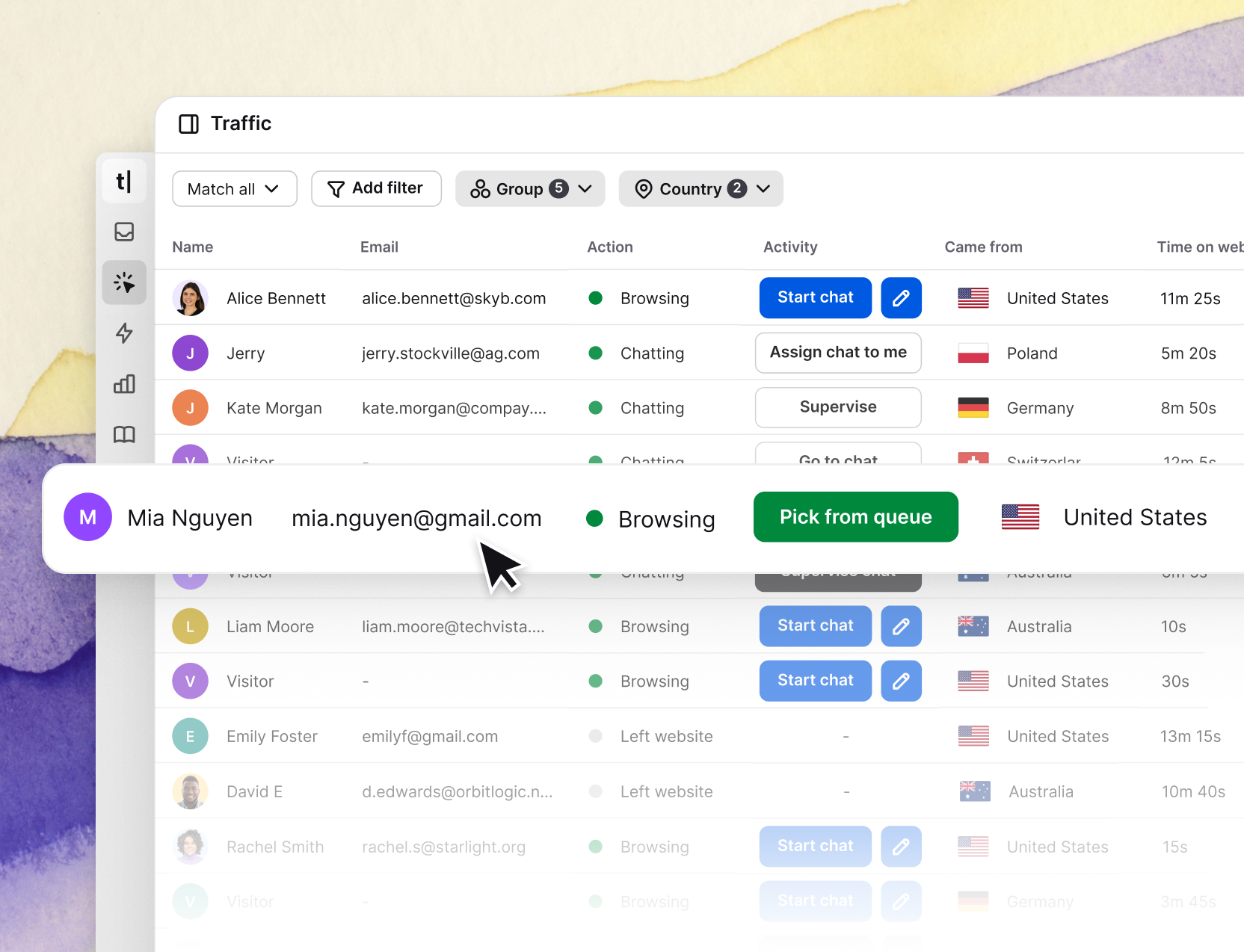 Live traffic view in Text App, showing a list of website visitors with details like name, email, activity status, country, and time on site. One visitor is highlighted with options to pick from queue or start chat.
